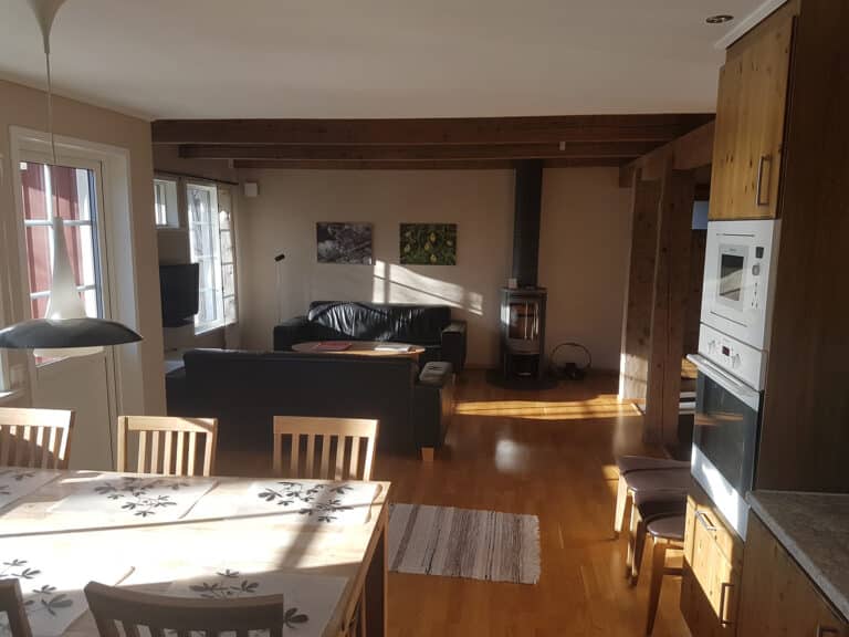 Helles Wohnzimmer mit gemütlicher Sitzecke und Küche